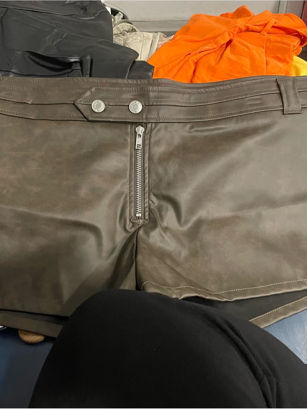 Ladies Brown Faux-Leather Zip Front Shorts